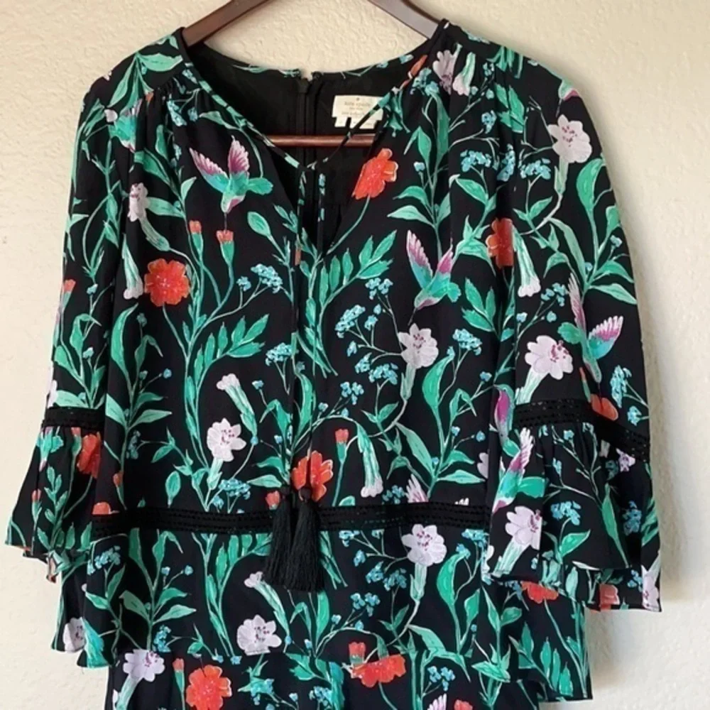 kate spade Black Floral Print Romper with Green and Red Accents
